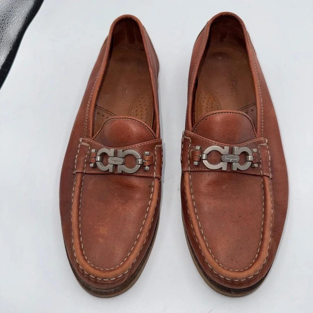 Salvatore Ferragamo Mens 7D Tan Leather Gancini Bit moccasin Loafers Dress Shoes